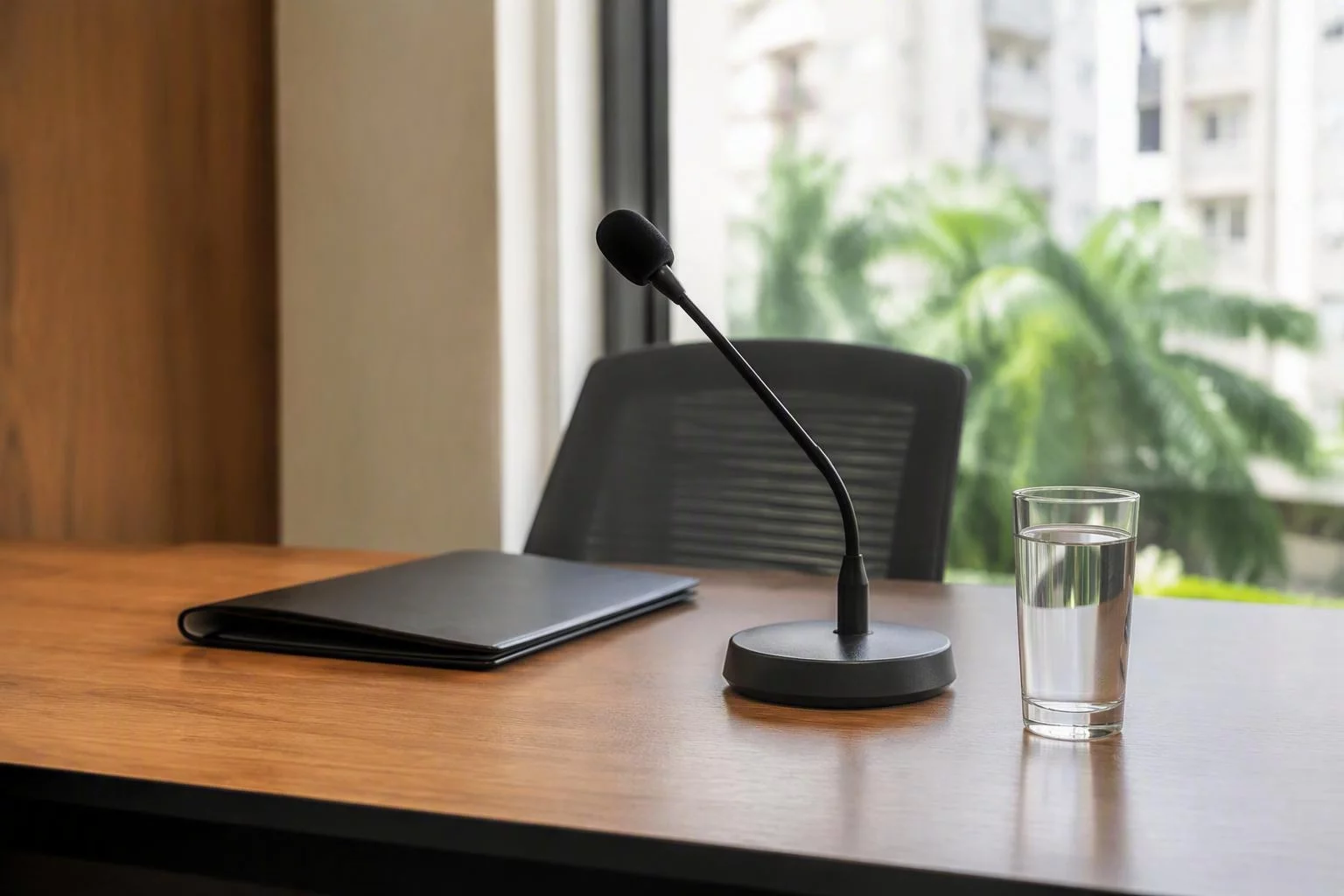Microfone de mesa diante da cadeira de quem apresenta a proposta
