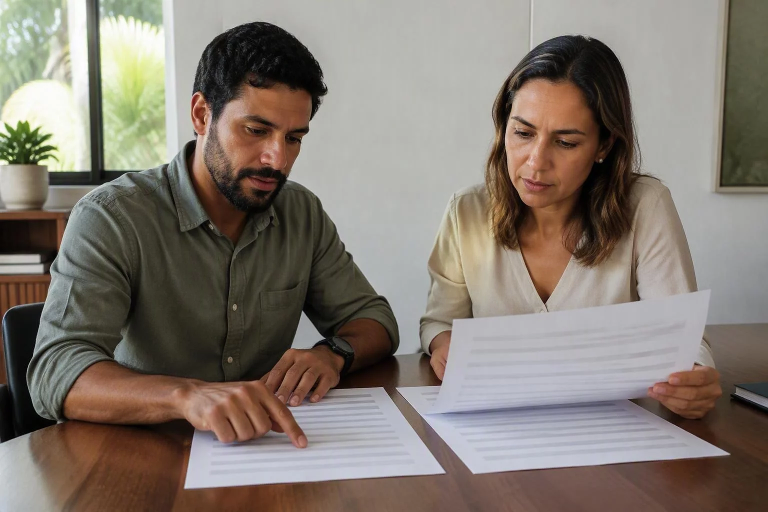 Duas pessoas comparando duas versões impressas de uma proposta