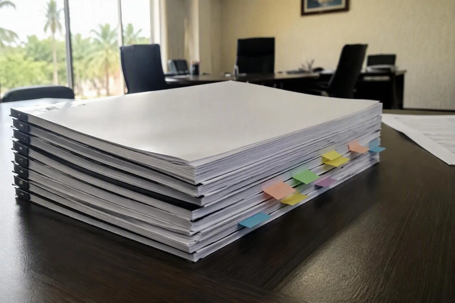 Propostas técnicas empilhadas, com abas coloridas nas seções